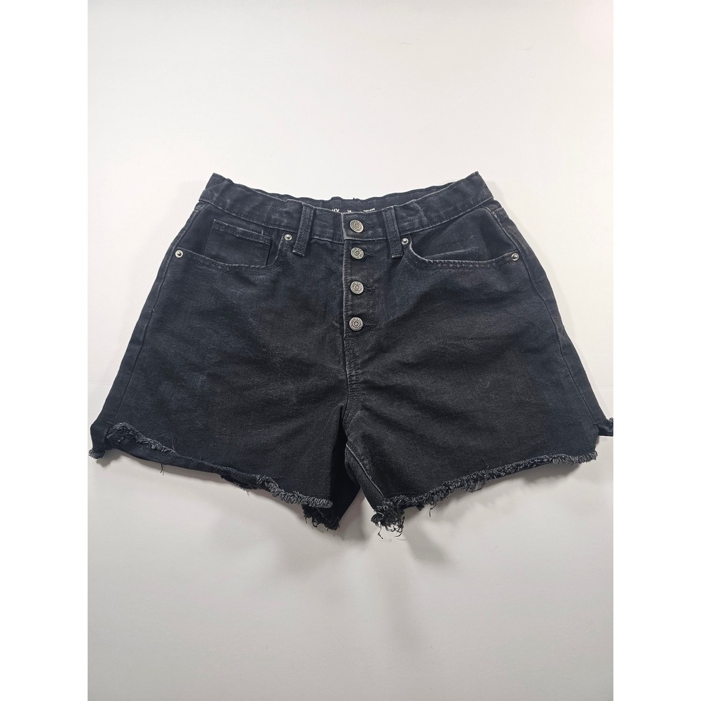 Old Navy Denim Shorts Women 16 Black High Rise Button Fly Frayed Hem
